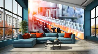 Drink factory production line fruit juice beverage product at conveyor belt. Wall mural