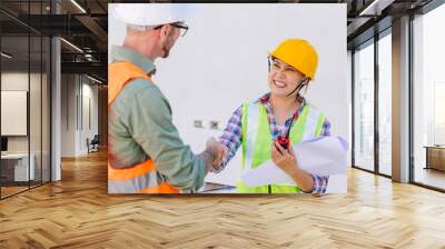 engineer builder worker shake hands together happy smiling for dealing projects co operation Wall mural