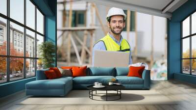 Engineer builder. Happy Foreman work in construction site. senior worker project designer leader concept. Wall mural