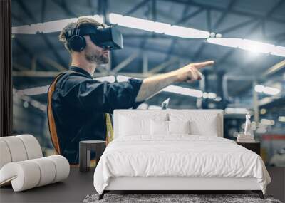 Engineer male using VR virtual reality technology in modern warehouse factory new innovation engineering Wall mural