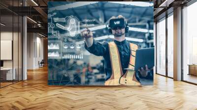 Engineer male using VR virtual reality technology in modern warehouse factory new innovation engineering Wall mural