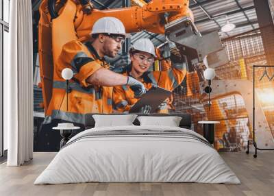 Engineer team service robot welding working in automation factory. People worker in safety suit work robotic arm software programming or replacing part in automated manufacturing industry technology. Wall mural