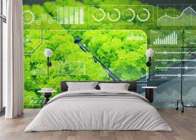 Green salad overlay modern chart graphics HUD for digital computer IOT technology in agriculture farm plant grow analysis concept Wall mural