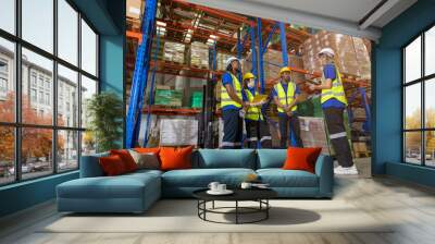 group of people worker in warehouse cargo storage meeting talking together work discussion with foreman manager for planning teamwork working Wall mural