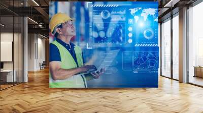 male worker using advanced digital technology hologram display world shipping information modern industry 5.0 concept Wall mural