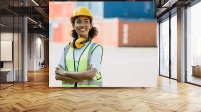 portrait black teen girl cargo staff worker smart confident happy smile good welfare Wall mural