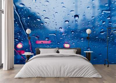 raining when driving a car on the road strom wet moist Wall mural