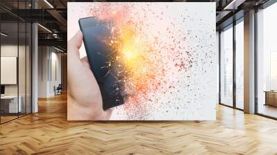 smartphone explosion, blow up cellphone battery or explosive mobile phone or explode burst fire burn Wall mural