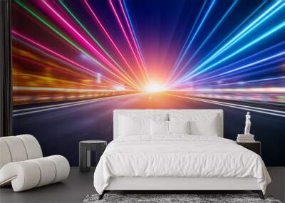 super highway asphalt straight road with blur colorful neon nigh light trail fast speed moving for racing travel background Wall mural