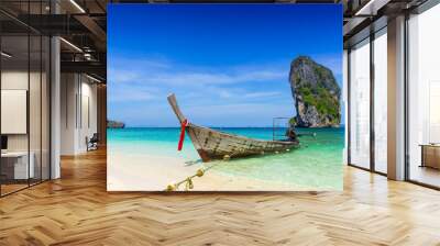 thailand summer travel sea, thai old wood boat at sea beach krabi phi phi island phuket park on whit Wall mural