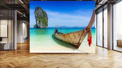 thailand summer travel sea, thai old wood boat at sea beach krabi phi phi island phuket park on whit Wall mural