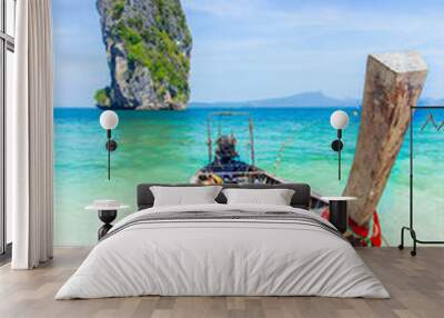 Thailand summer travel sea, Thai old wood boat at sea beach Krabi Phi Phi Island Phuket park on white sand blue sky emerald green ocean water. Wall mural