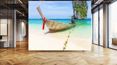 Thailand summer travel sea, Thai old wood boat at sea beach Krabi Phi Phi Island Phuket park on white sand blue sky emerald green ocean water. Wall mural