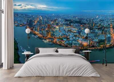 Panorama view of night cityscape in Ho Chi Minh city  Wall mural