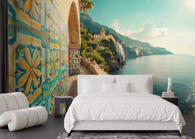 Italian coast landscape, Amalfi beach and colorful ethnic ceramic tiles. Summer, sea life. 300 DPI Wall mural