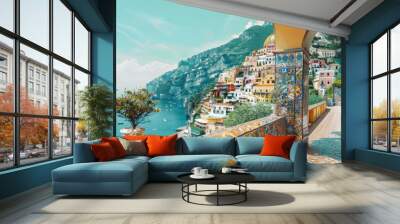 Italian coast landscape, Amalfi beach and colorful ethnic ceramic tiles. Summer, sea life. 300 DPI Wall mural