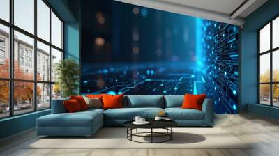 A circuit board illuminated by blue lights, representing digital technology and modern electronic systems in a futuristic design. Wall mural