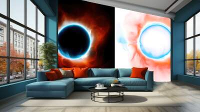 A circular ring of lightning, illuminated by a magical fire light effect, frames a plasma portal on black and transparent background.  Blue hologram neon circles, enchanting atmosphere. Generative AI Wall mural