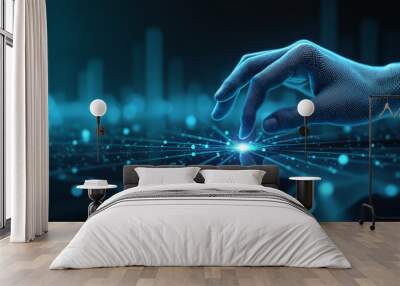 A hand approaches a glowing blue light, appearing as a digital interface. The hand is composed of small dots and lines forming a network-like pattern, futuristic and technological theme. Wall mural