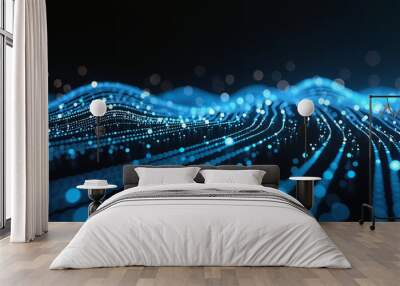 Abstract blue and black background featuring a wave-like pattern of dots and lines, ideal for data analytics and digital communication themes. Wall mural