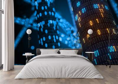 Abstract blue and orange digital binary code matrix background with flare. Futuristic Big data information technology, data center, block chain, server, internet, hi-speed. 3D rendering Wall mural