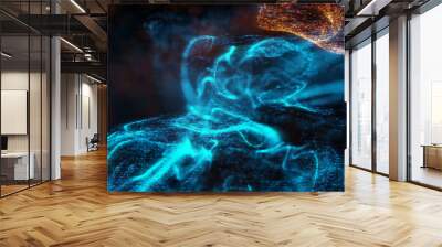 Abstract Macro shot of Blue and Orange Particle Fluid isolated on black. paint drops mixing in water. Ink swirling underwater. Colored cloud abstract smoke explosion animation. 3D render	 Wall mural