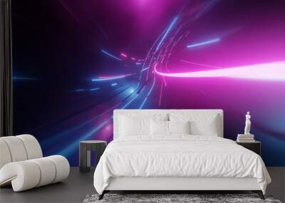 Abstract neon lights into digital technology tunnel. Futuristic technology abstract background with lines for network, big data, data center, server, internet, speed. 3D render Wall mural