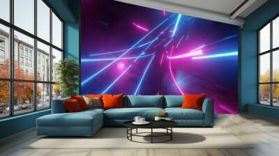 Abstract neon lights into digital technology tunnel. Futuristic technology abstract background with lines for network, big data, data center, server, internet, speed. 3D render Wall mural