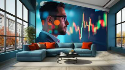 Businessman Reviewing Stock Market Data: A businessman reviewing stock market data on a digital screen, representing investment analysis and strategic decisions. Wall mural