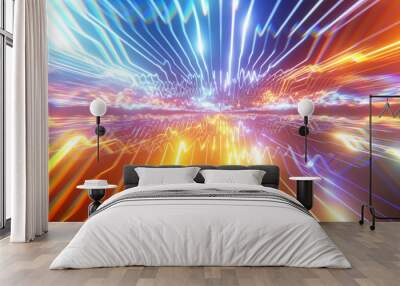 Colorful digital circuitry and data stream. Abstract neon futuristic speed internet. Computer processing data, binary data transfer, upload, download or transmitting.  Wall mural