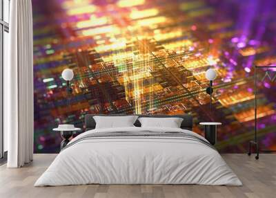 Computer chip with light rays streaming out, high tech background. Macro shot of microchip on silicon wafer. Abstract computer components. 3D rendering Wall mural