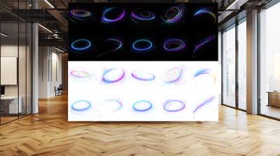 Dynamic Neon Swirls. Circle neon lights, graphic elements isolated on black and transparent PNG create a dazzling display of light, motion, and energy.  abstract design with glowing circles. Wall mural