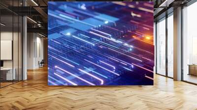 Futuristic abstract background. scientific, binary data stream. Digital Code network conveying connectivity, complexity. Abstract blue and orange neon technology and big data graphic.  Wall mural