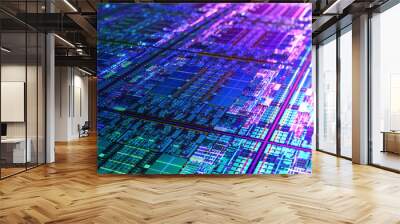 Futuristic die chip processor technology background. CPU, GPU, CMOS microchip Computer Processors. AI, Quantum computer, large data processing, datacenter. Silicon wafer process. 3D rendering Wall mural