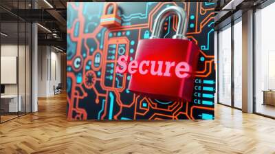 Red padlock on top of a circuit board with the word secure written on it, indicating that it is a secure device. The padlock is a symbol of protection and security, suggesting digital safety. Wall mural