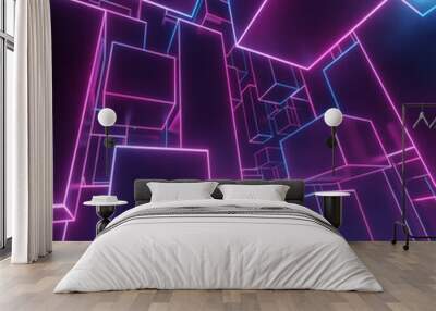 Video Game concept graphic. Virtual Reality inside a retro neon cyber city. flash back of 80s computer games. 3D render Wall mural