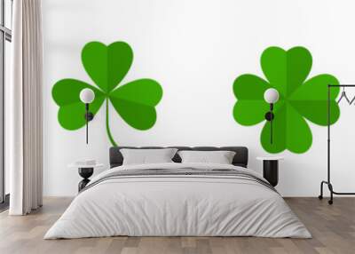 Flat shamrock icons set. Clover three and four leaves logo. Green floral symbol. Wall mural