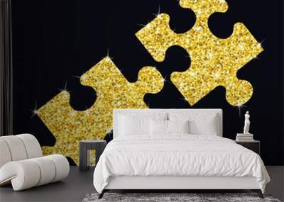 Golden shiny pieces of puzzles. Flat vector cartoon illustration. Objects isolated on a white background. Wall mural