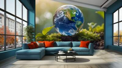 Blue marble earth on top of green plants and soil, planet earth / earth day / nature concept Wall mural