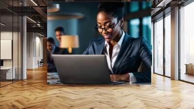 Smiling corporate businesswoman working on her laptop in an office Wall mural