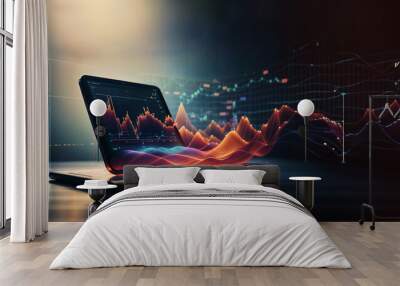 Tablet device with graphics of data flowing outwards, business intelligence concept Wall mural