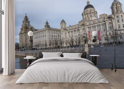 The Three Graces Royal Liver Building, Cunard Building and Port of Liverpool Building – stand on the Pier Head in Liverpool  Wall mural