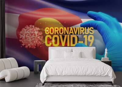 Coronavirus COVID-19 outbreak concept, background with flags of the states of USA. State of Colorado flag. Pandemic stop Novel Coronavirus outbreak covid-19 3D illustration. Wall mural