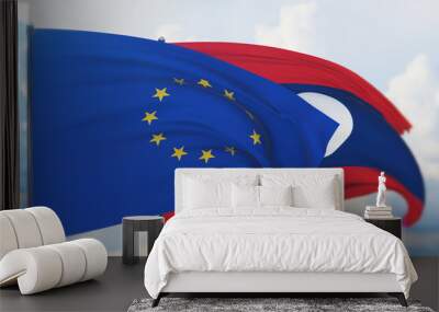 Waving European Union flag and flag of Laos. Closeup view, 3D illustration. Wall mural