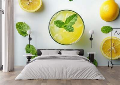 Refreshing Lemonade with Mint Leaves and Ice in Glass - Photo Wall mural