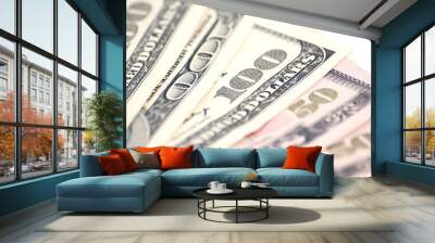 Money on white background with space for copy on the right, isolate, closeup Wall mural