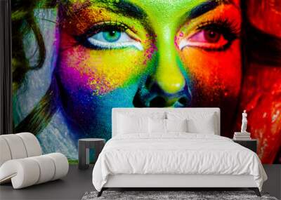 Close up portrait of beautiful fashion woman with color art Wall mural