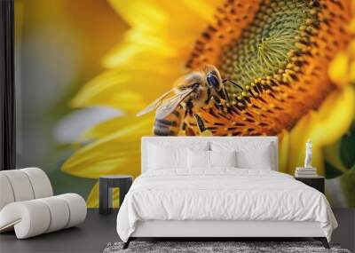 A bee collecting pollen from a vibrant sunflower Wall mural