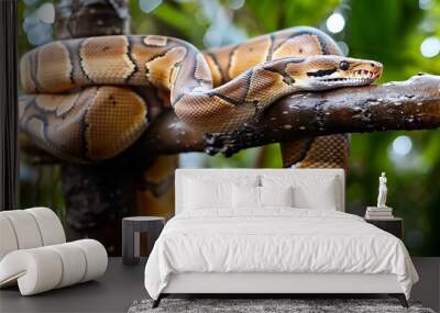 A boa constrictor wrapped around a tree branch in a tropical rainforest, its scales catching the light Wall mural