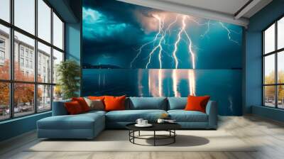 a breathtaking view of a lightning storm over a calm sea, with reflections of the flashes on the water Wall mural